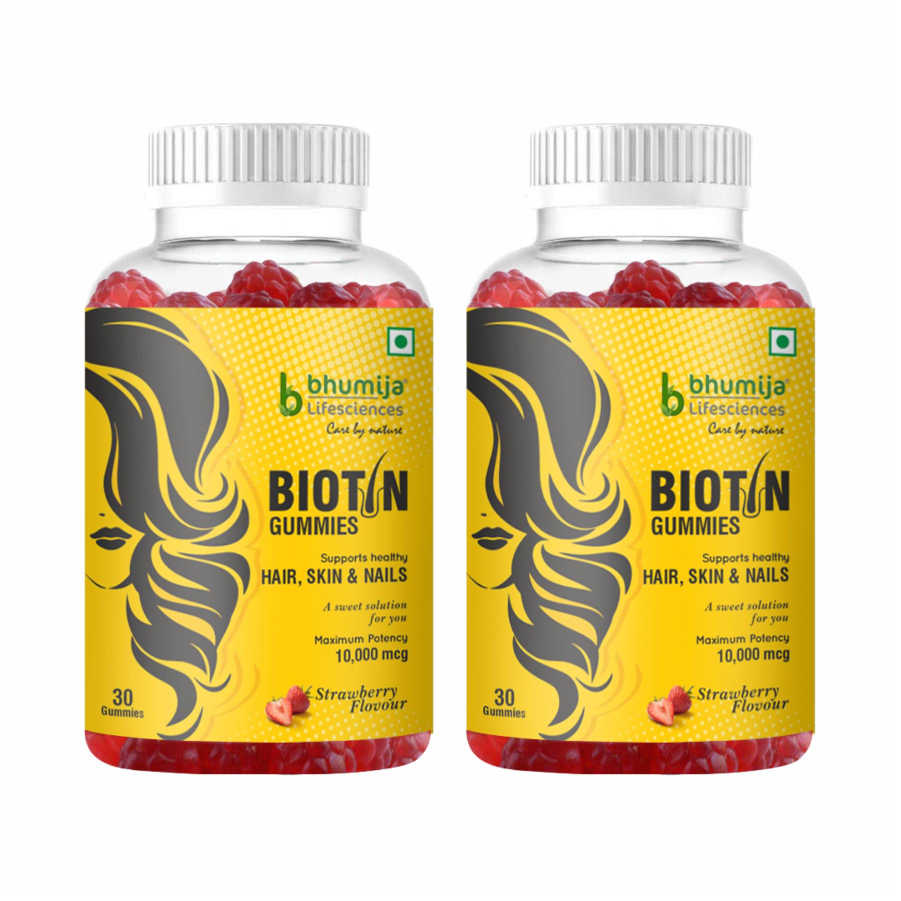 

Bhumija Lifesciences Biotin Gummies for Skin Nails Hair - Multivitamin Herbal Dietary Supplement 30 Gummies (10000 mcg) (Pack of 2)