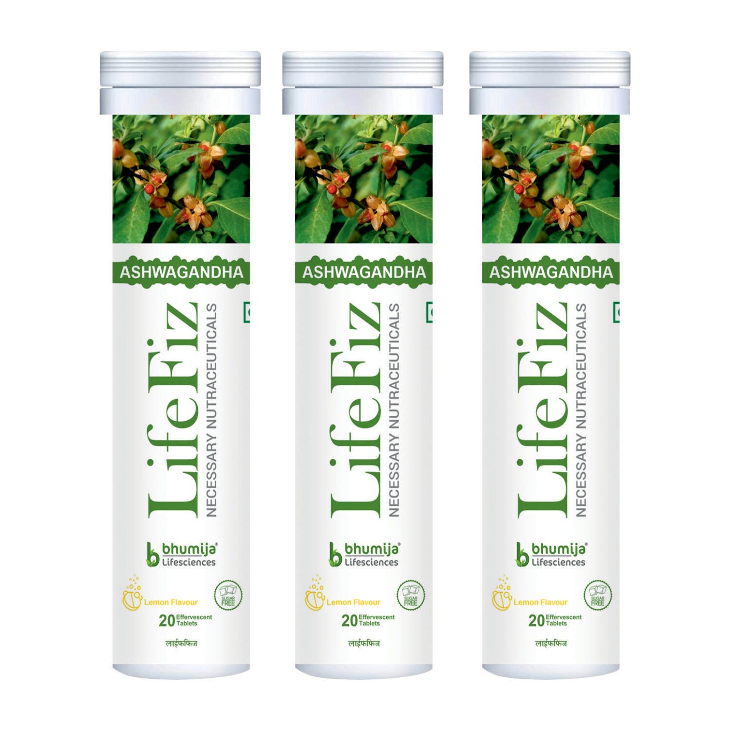 

Bhumija Lifesciences Lifefiz Ashwagandha General Wellness Vegetarian 20 Effervescent Lemon Flavour Tablets (Pack of 3)