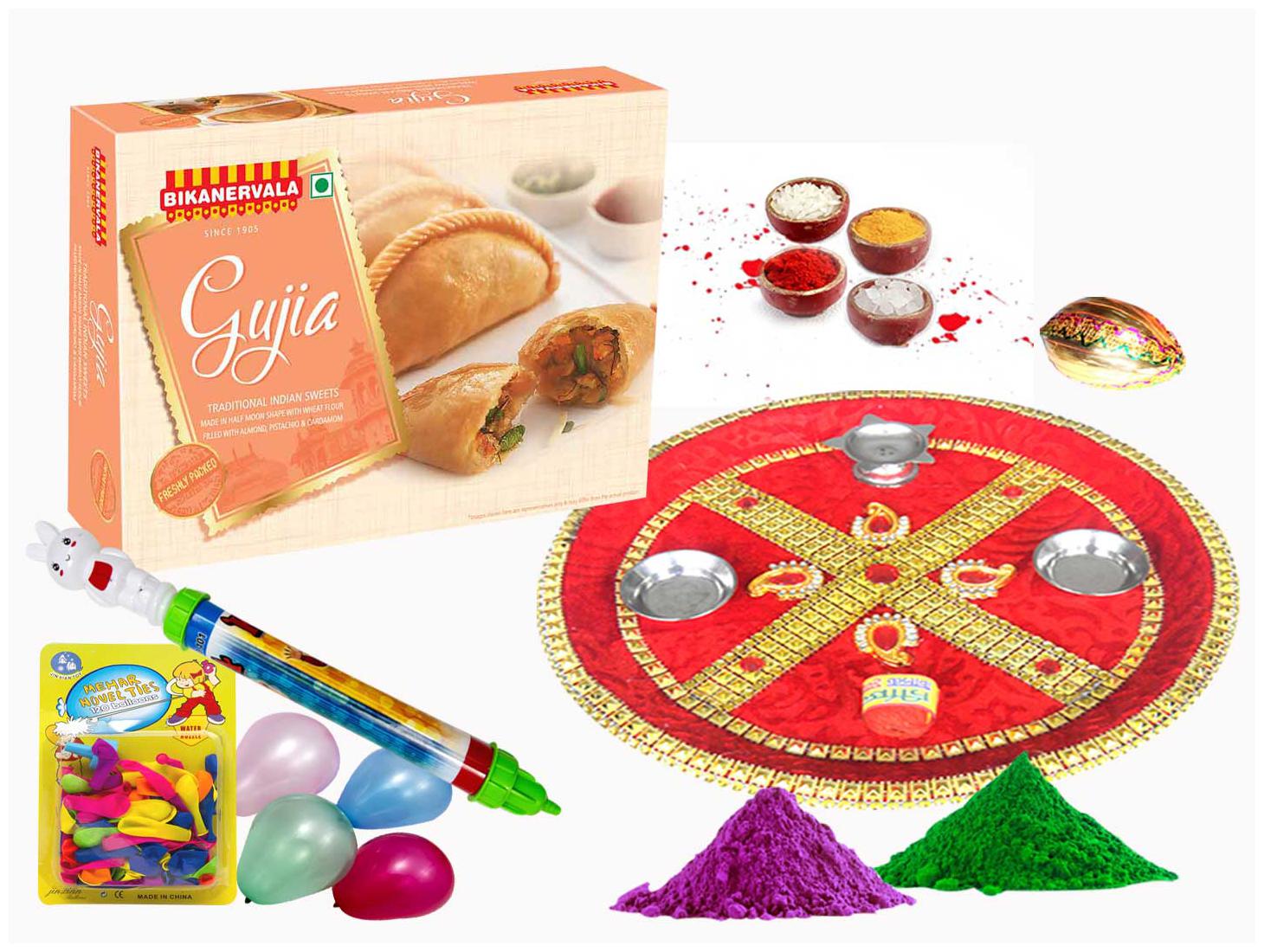 

Bikanervala Holi Puja Thali with Ghujia (Gujia 500 g Puja thali 1 pc Roli chawal 1 pc Naariyal 1 pc Pichkari 1pc Balloons - 1 pkt Gulal 50g x 2)