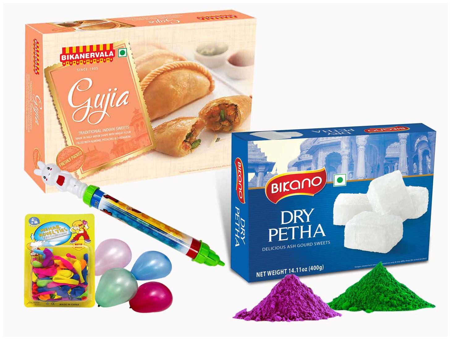 

Bikanervala Ghujia Bikano Dry Petha (Dry Petha 400g Holi Gujia 500 g Pichkari 1pc Balloons - 1 pkt Gulal 50g x 2)