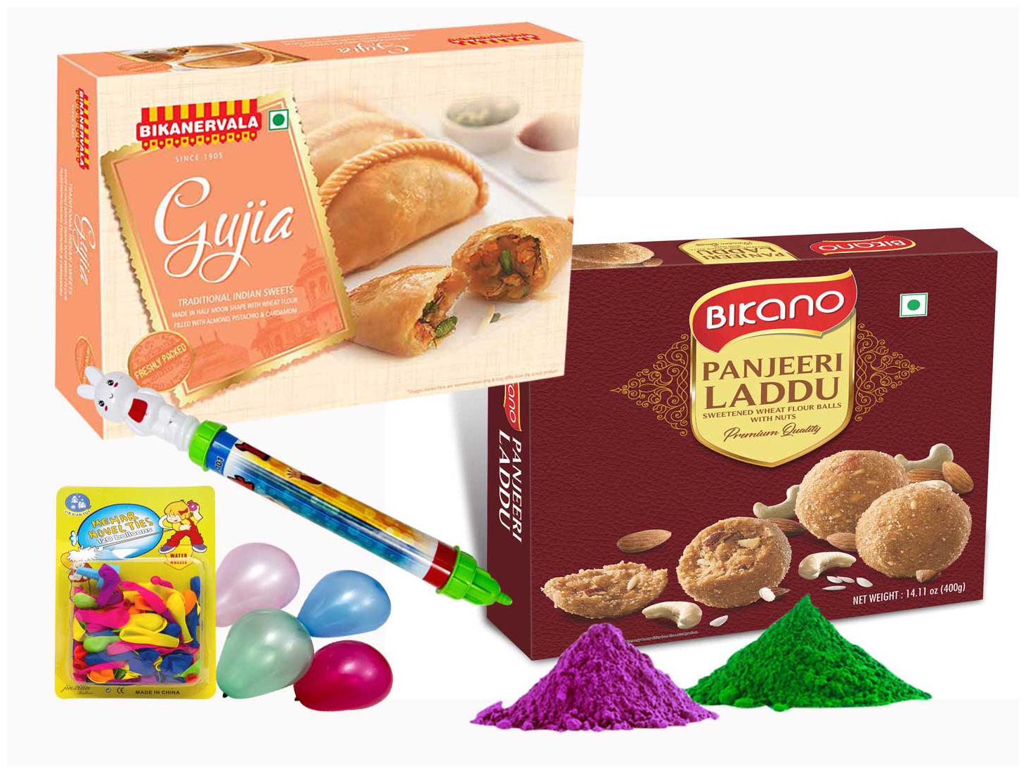 

Bikanervala And Bikano Panjeeri laddoo with holi gujia (Panjeeri laddoo 500g Bikanervala Holi Gujia 500 g Pichkari 1pc Balloons - 1 pkt Gulal 50g x 2)