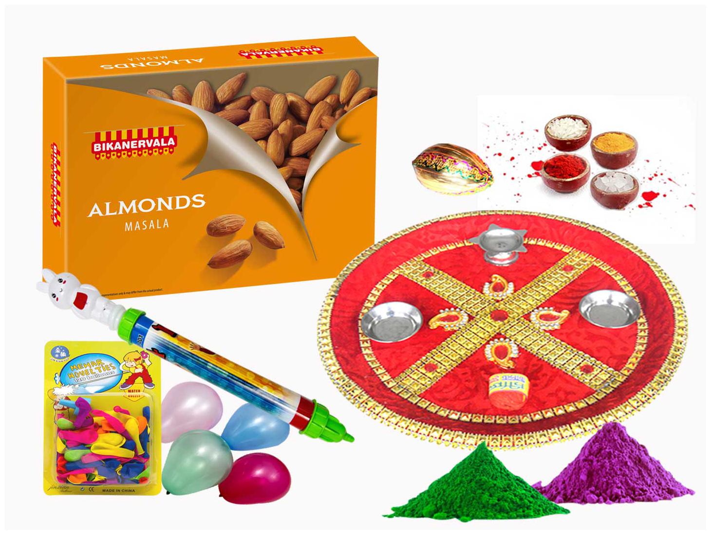 

Bikanervala Holi Puja thali with Almonds (Masala Almonds 500 g Puja thali 1 pc Roli Chawal 1 pc Naariyal 1 pc Pichkari 1pc Balloons - 1 pkt Gulal 50g x 2)