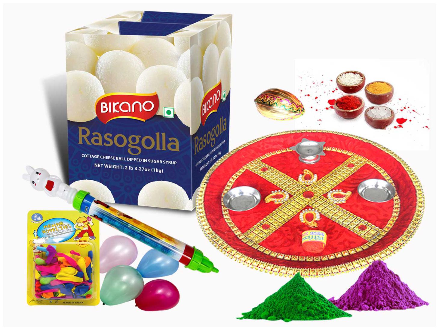 

Bikanervala Holi Puja Thali with Rasgulla (Rasgulla 1 kg Puja thali 1 pc Roli chawal 1 pc Naariyal 1 pc Pichkari 1pc Balloons - 1 pkt Gulal 50g x 2)