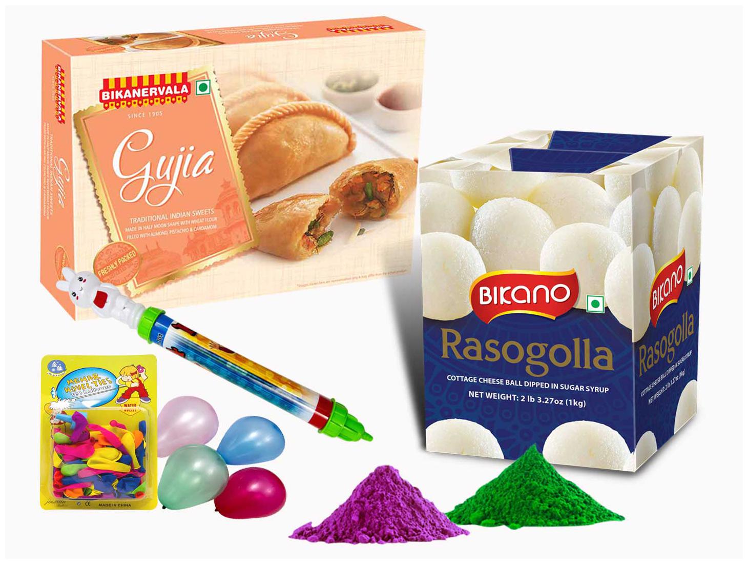 

Bikano Rasogolla with Ghujia on Holi (Rasogolla 1 kg Gujia 500 g Pichkari 1pc Balloons-1 pkt Gulal 50g x 2)