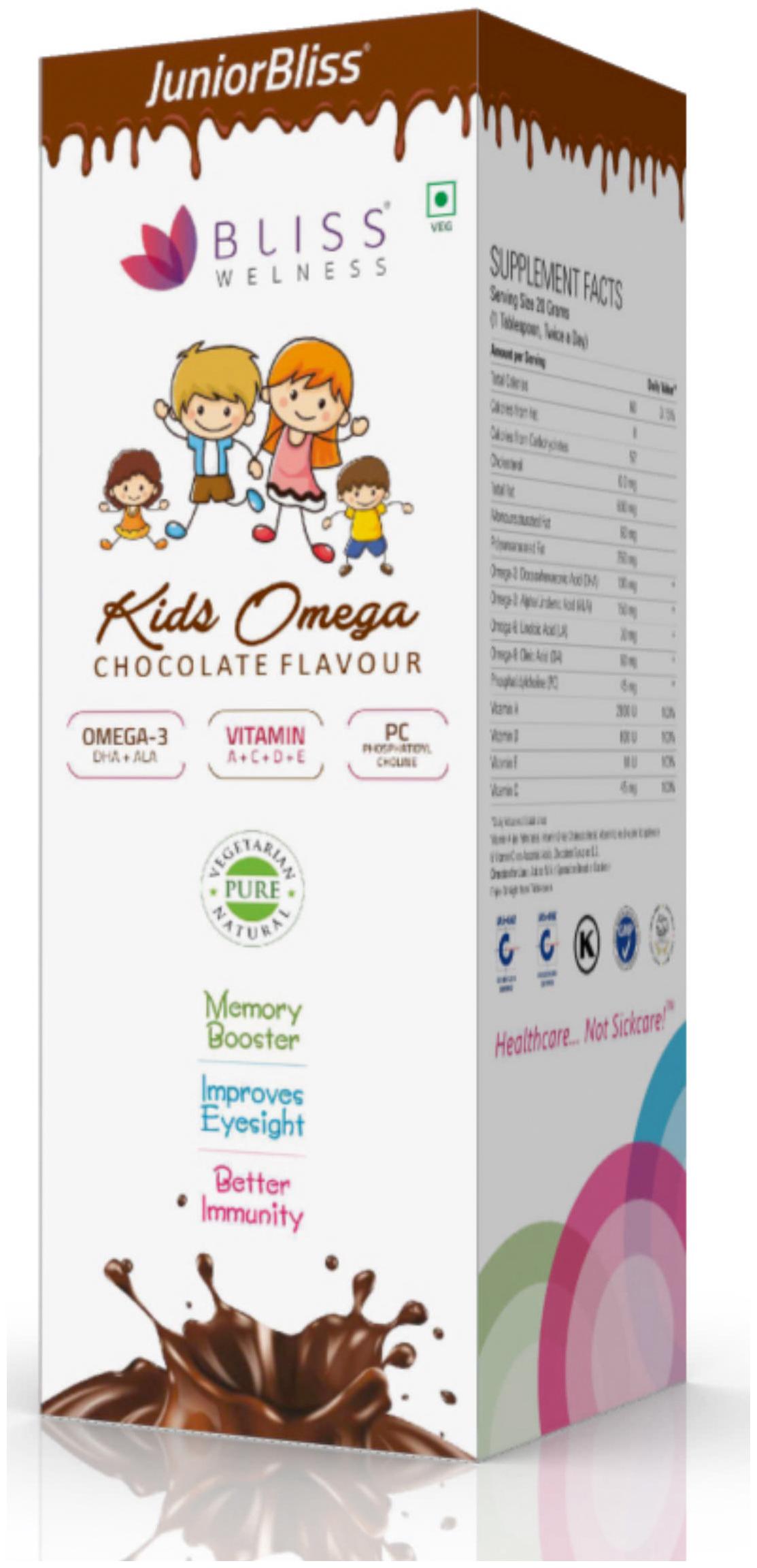 

Bliss Welness Kids Omega 3 6 9 Syrup (Junior Bliss) (DHA ALA pc Vitamin A C D E) Chocolate Flavour - 100 g