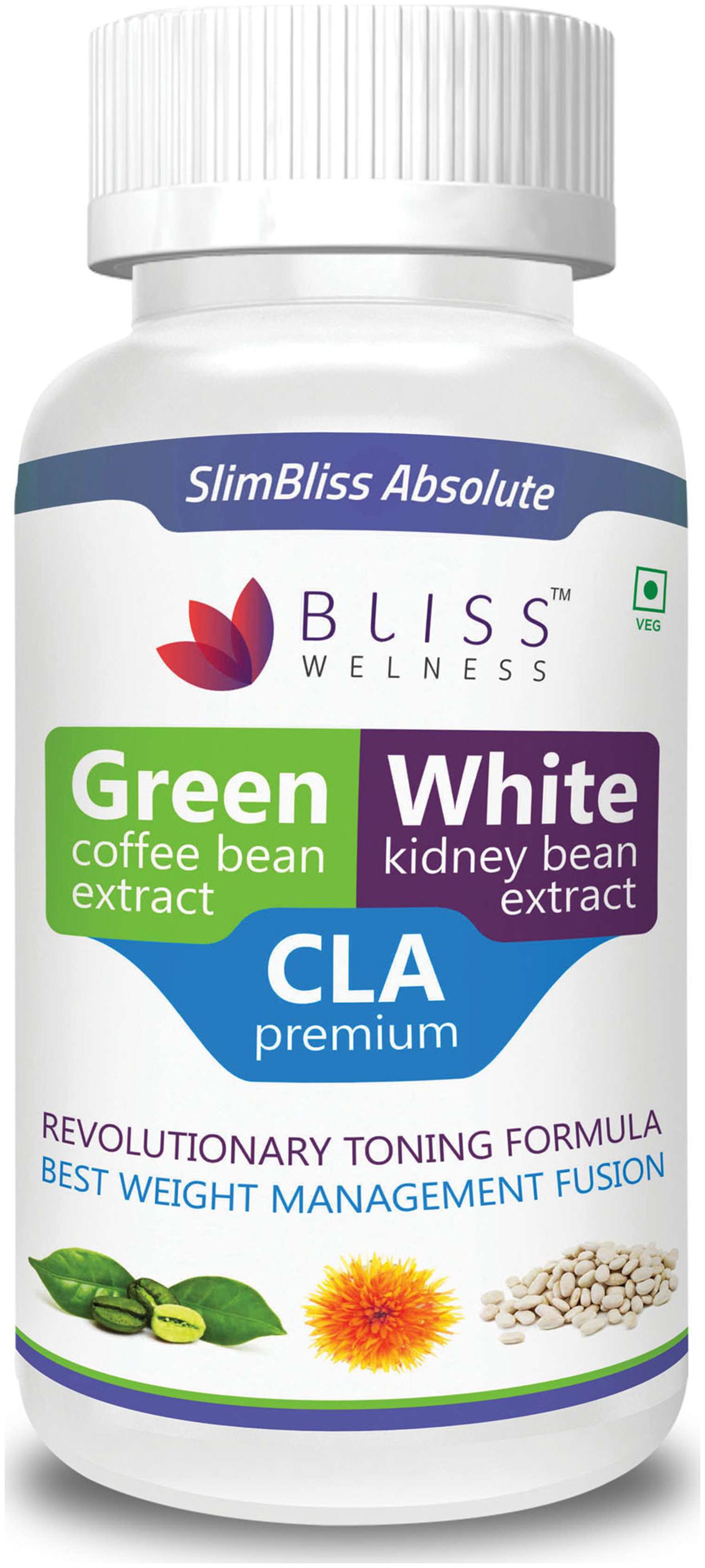 

Bliss welness Premium Combo of Green Coffee Bean Extract 50 CGA White Kidney Bean Extract CLA 80 Weight Management and Metabolism booster 100 Vegan - 60 Vegetarian Capsules