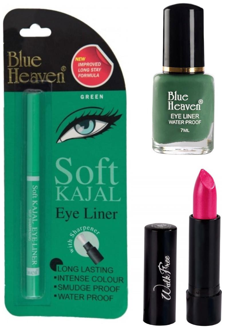 

Blue Heaven Green Soft Kajal 0 31g Green Liquid Eyeliner 7ml Walkfree Pink Lipstick 3g