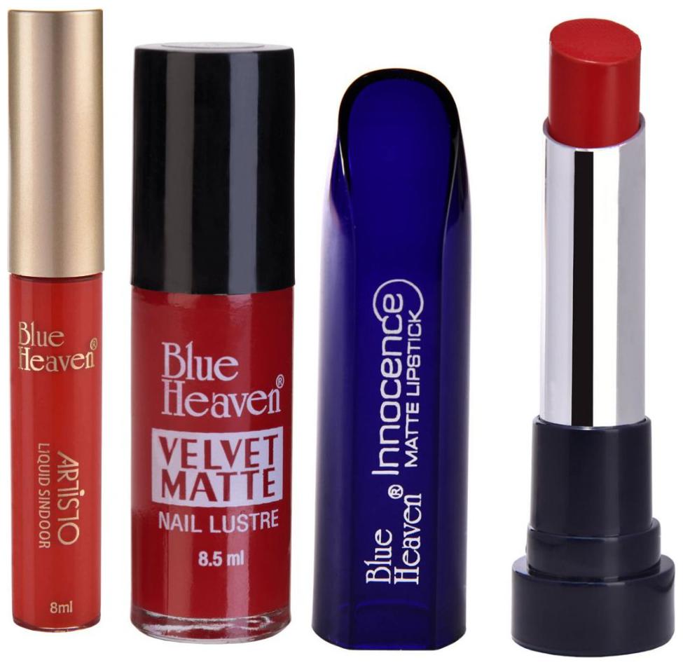 

Blue Heaven Artisto Red Sindoor 8 ml Velvet Red Nail Lusture 8 5 ml Red Innocence Matte Lipstiks (4 g) Pack of 3
