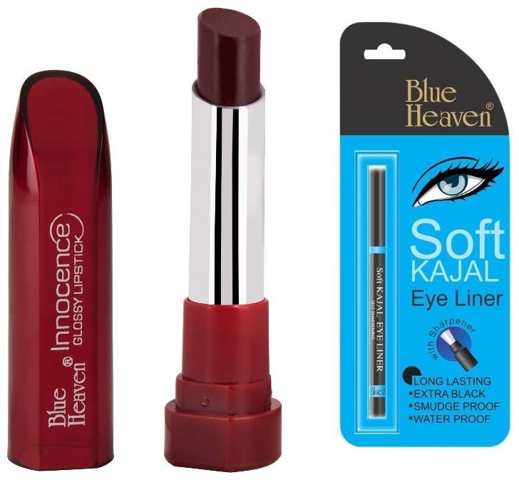 

Blue Heaven Black Soft Kajal (0 31g) Innocence Glossy Lipsticks Plum (4 g) (Pack of 2)