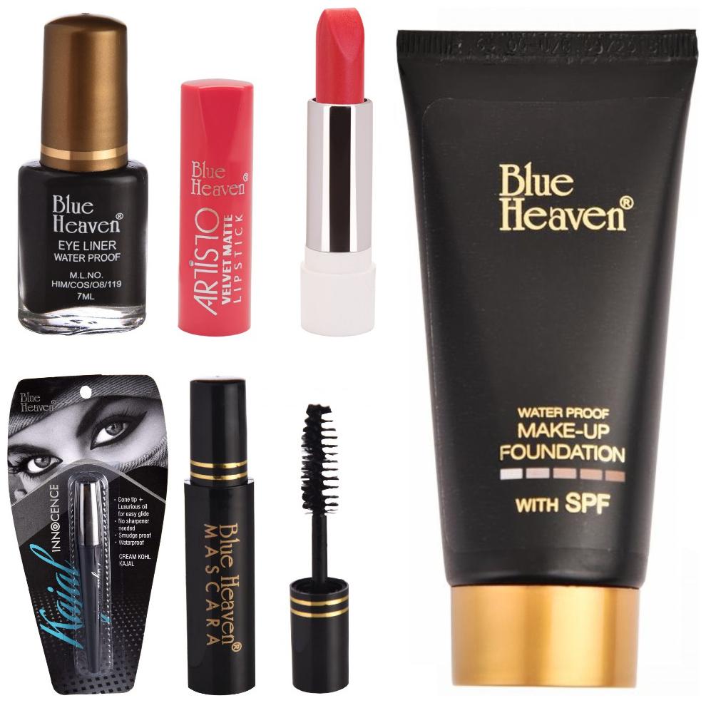 

Blue Heaven Classic Eyeliner 7ml Classic Mascara 6 5ml Innocence Kajal 0 80 g Tube SPF Foundation 50 ml Artisto Velvet Matte Lipsticks Shade 8 Orange (3 g) Pack oF 5
