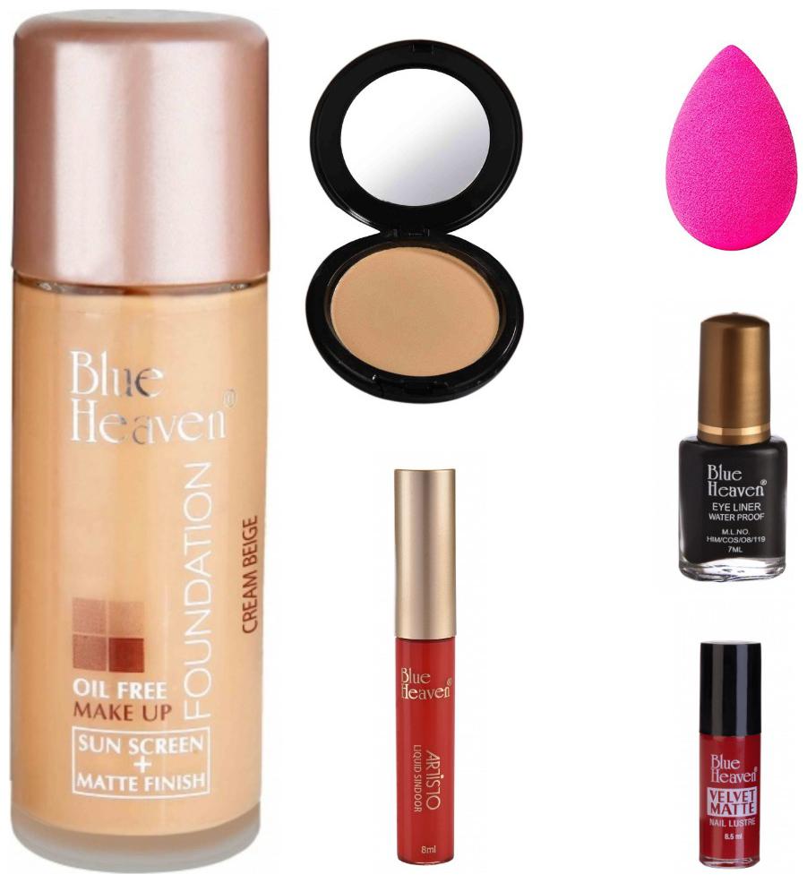 

Blue Heaven Combo of Oil Free Foundation 30 ml Artisto Compact 10g Artisto Red Sindooe 6ml Beauty Blender Classic Eyeliner 7ml Red Velvet Nail Lusture 8 5ml (Pack of 6)