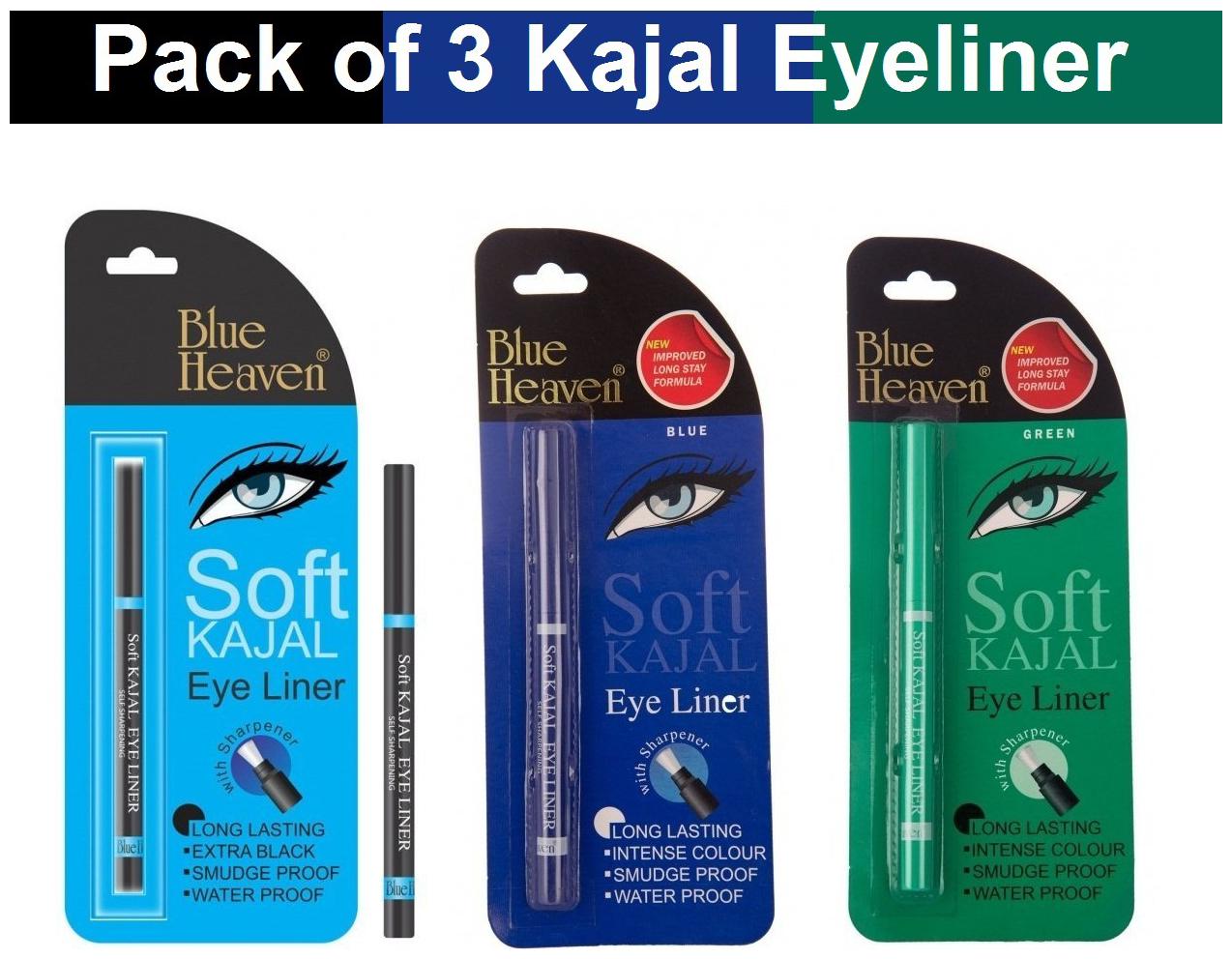 

Blue Heaven Combo of 3 Soft Kajal Eyeliners (Black Blue and Green)