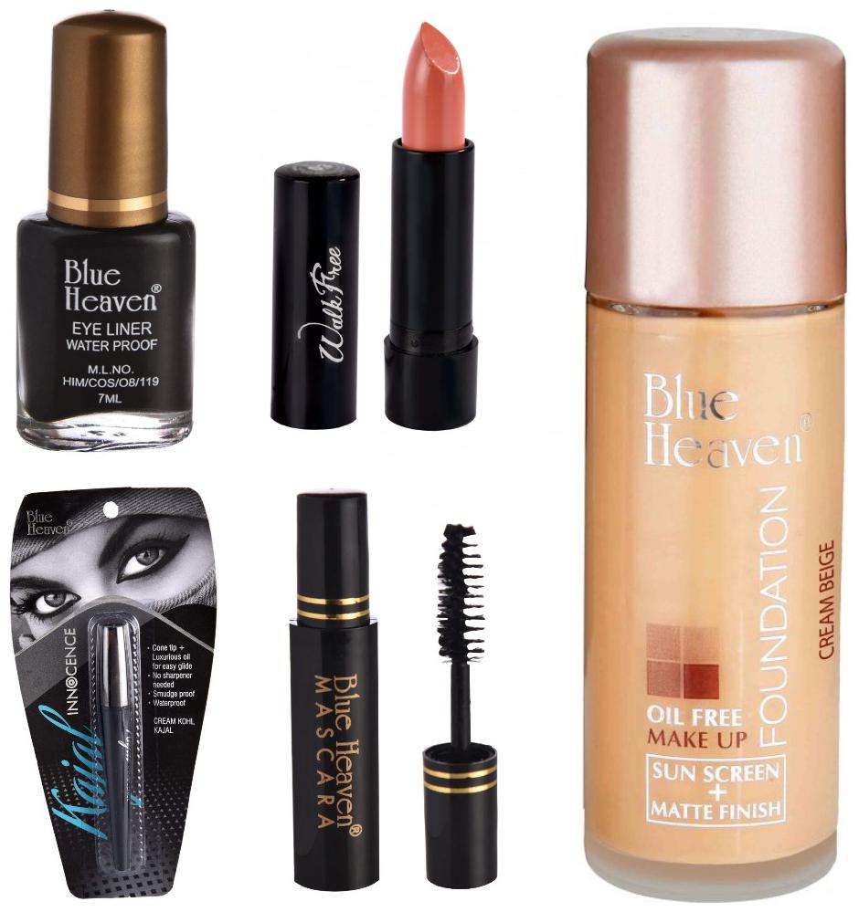 

Blue Heaven Pack of Classic Eyeliner 7ml Classic Mascara 6 5ml Innocence Kajal 0 80 g Oil Free Foundation 30 ml Walk Free Lipsticks 3 g shade 10 (Rust)