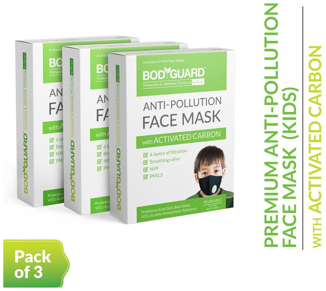 

BodyGuard Reusable Anti Pollution Face Mask with Activated Carbon N99 PM2 5 for Kids - Pack of 3