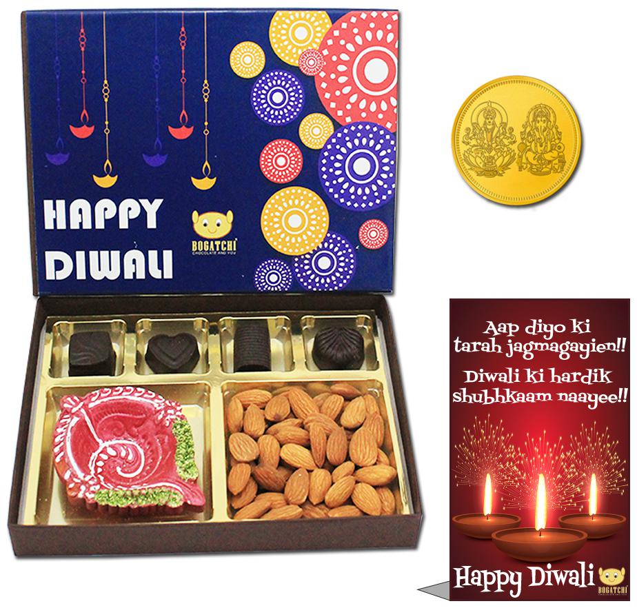 

Bogatchi Sweets Gift Packs Roasted Almonds 50g Diya 50g Chocolates 50g Gold Coin 1 pc Greeting 1 pc (Pack of 1)