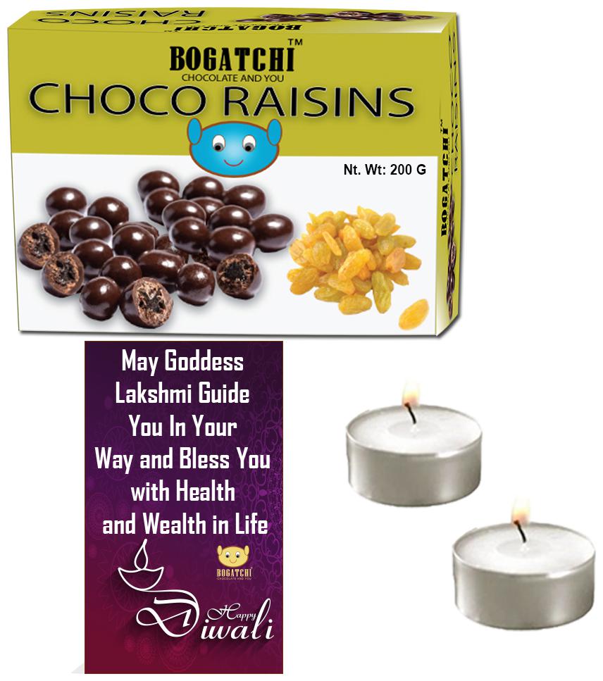 

Bogatchi Sweets Gift Packs Choco Raisins 200g Diya 2 pcs Greeting 1 pc (Pack of 1)