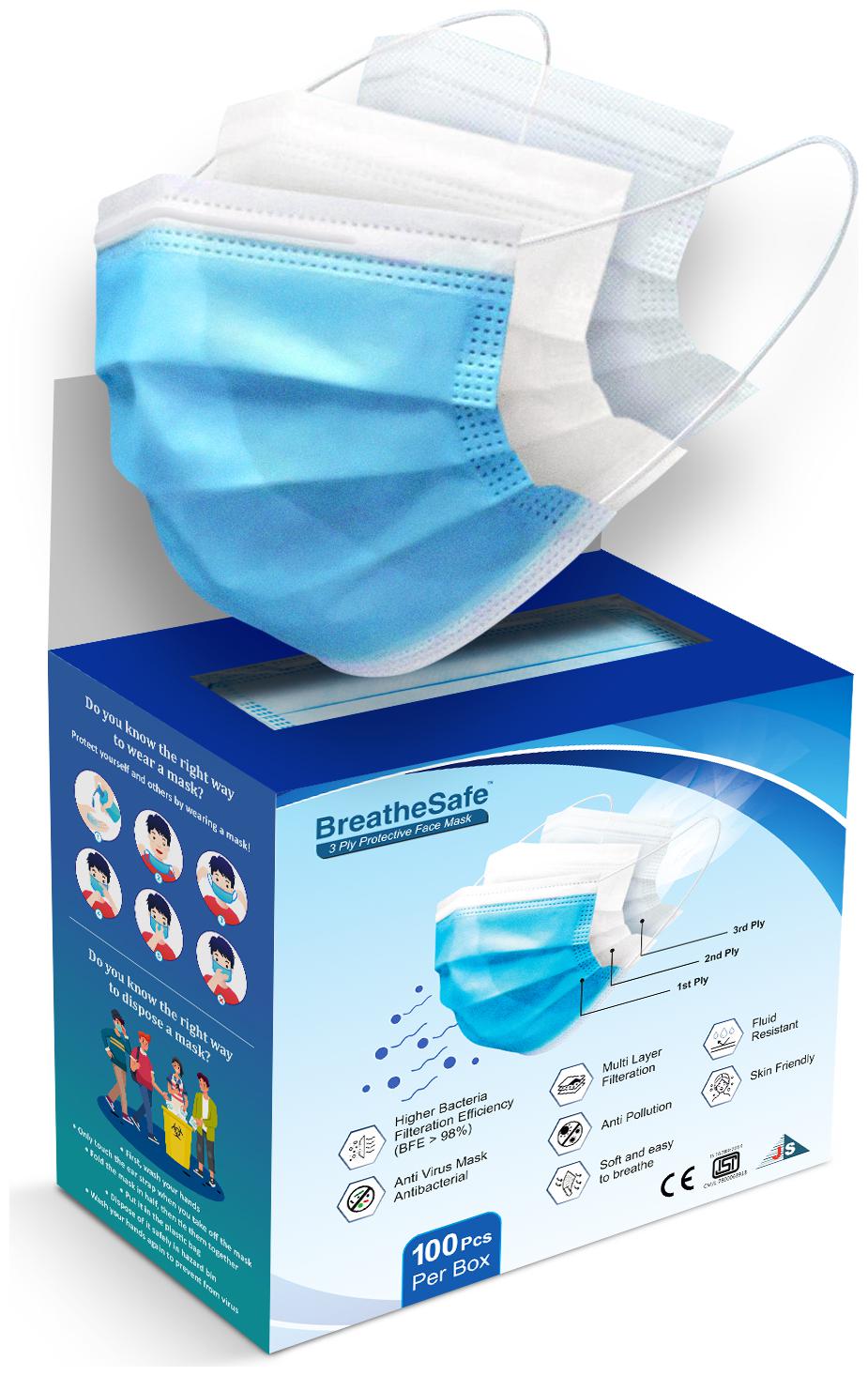 

BreatheSafe 3 Ply Protective Face Mask (Pack of 100)