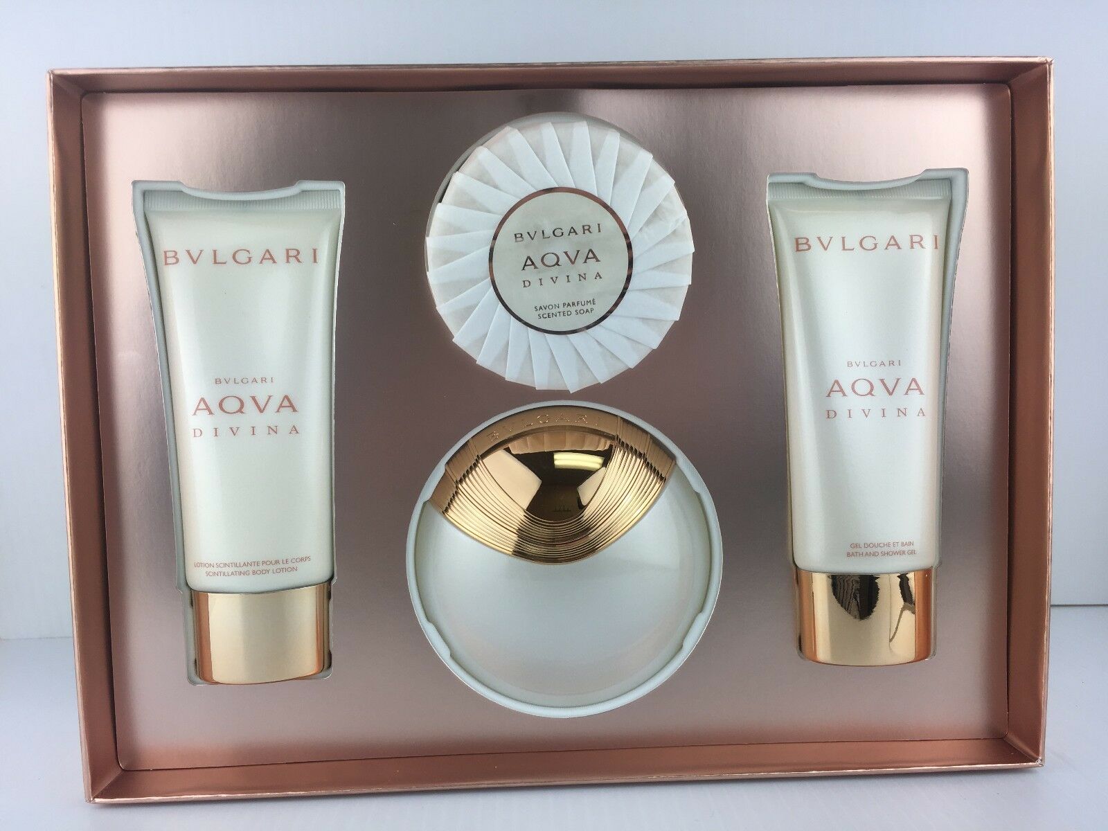 

BVLGARI AQVA DIVINA PERFUME GIFT SET SPRAY 2 2 OZ LOTION GEL 3 4 OZ SOAP NIB