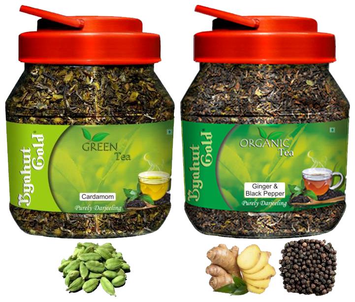 

Byahut Gold Cardamom Green Tea and Ginger Black Pepper Organic Tea - 200g(Pack of 2)