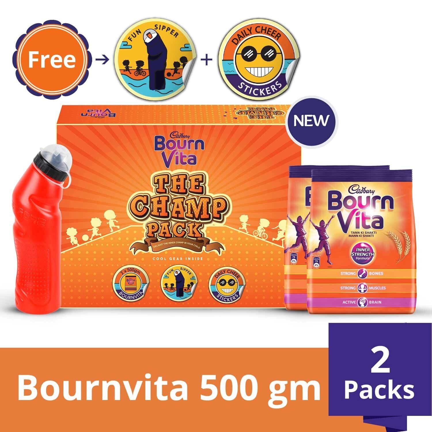 Cadbury Bournvita, The Champ Pack (500 g Bournvita (Pack of 2) + a fun sipper + Daily cheer stickers)