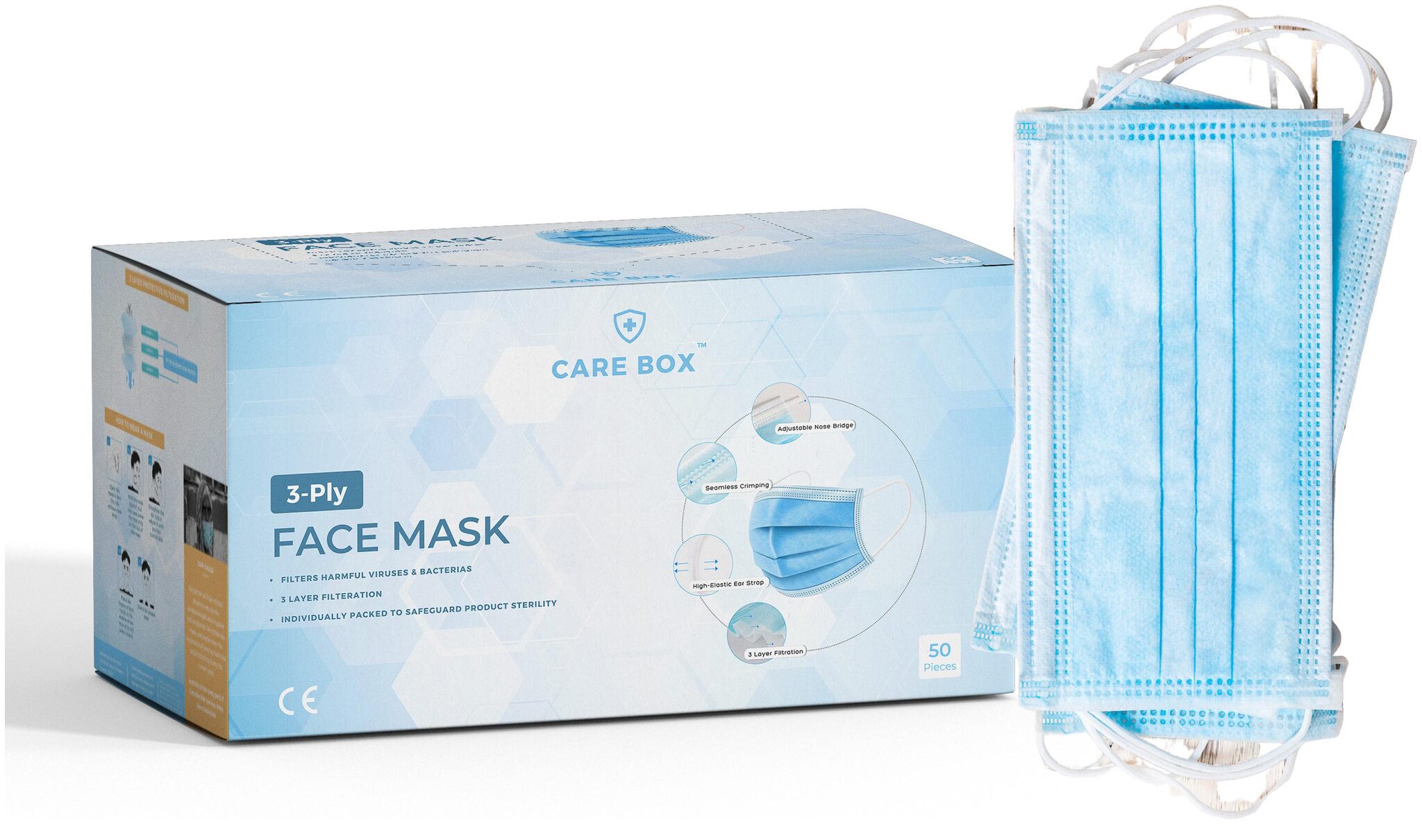 

Care Box 3 Ply Surgical Mask with Nose Pin and Stitched Earloop 50pcs(Pack of 1)