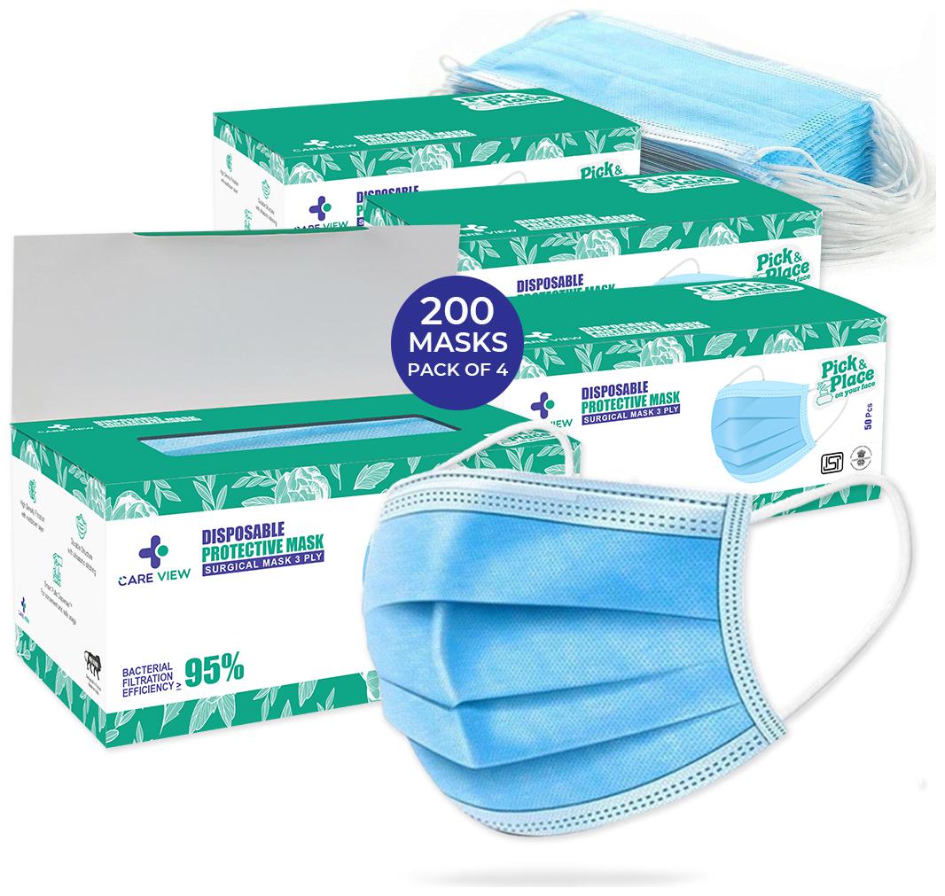 

CAREVIEWTM Model No CV2992 3 Ply (200 Pieces) SITRA BIS (ISI) Approved Disposable Surgical Mask With Built in Metal Nose Pin and 1 Melt Blown Layer
