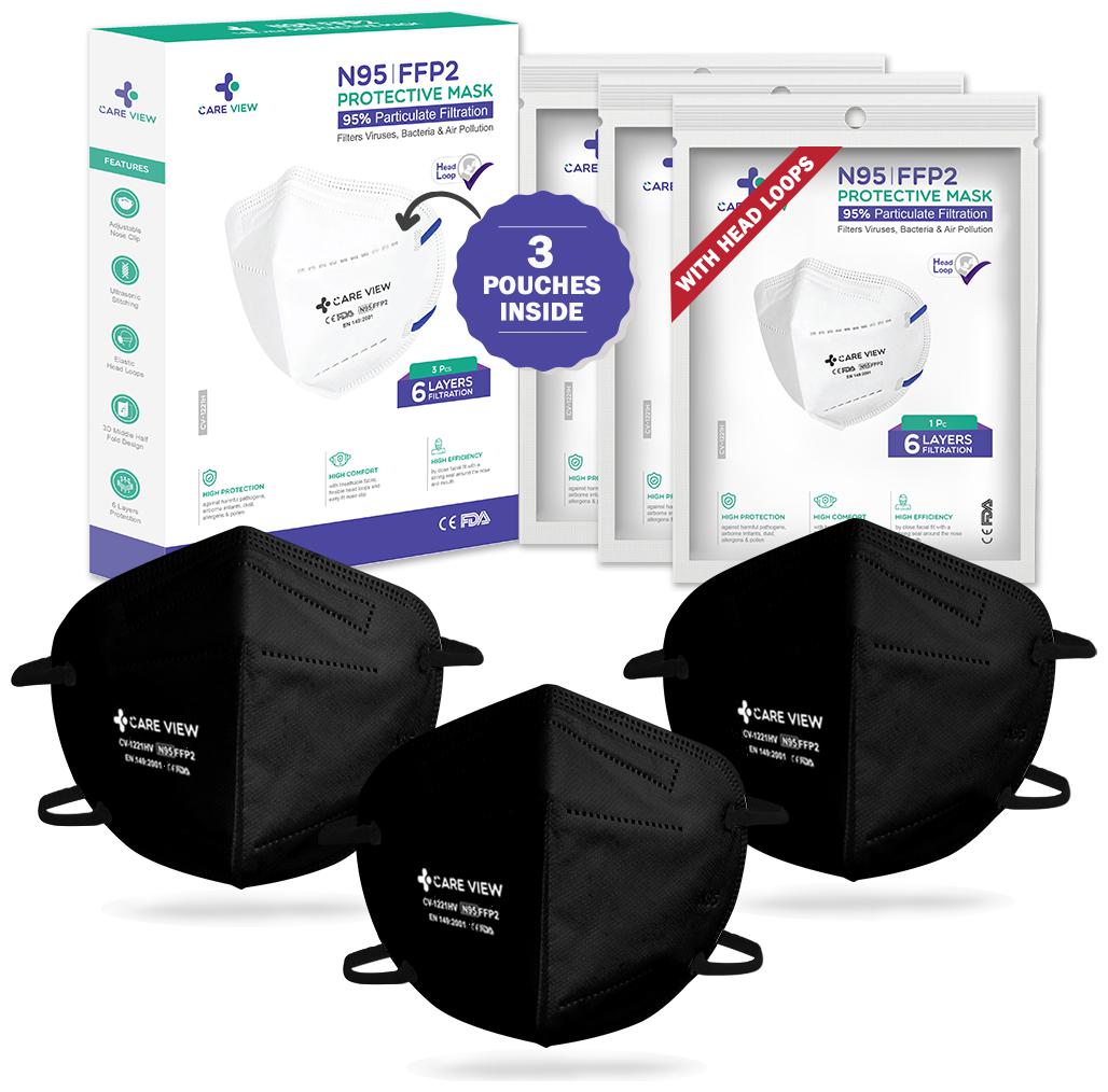 

CareviewTM N95 FFP2 CV1221H HEADLOOP Black Colour (Pack of 3) FDA DRDO CE Certified Face Mask