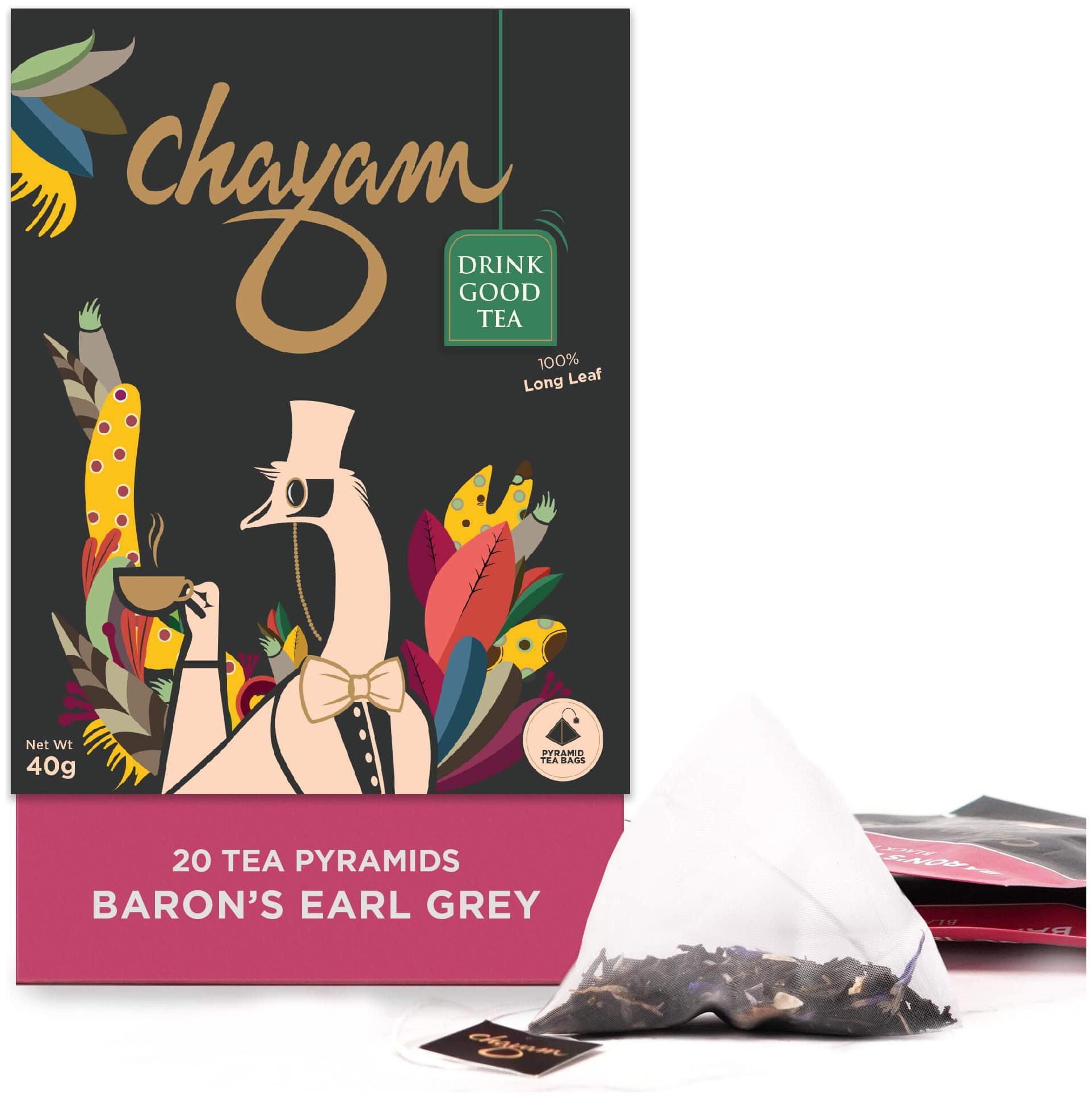

CHAYAM Baron s Earl Grey Black Tea with Citrusy Orange Peel Blue Corn Flower Pyramid Tea Bags( 20 x 2g)