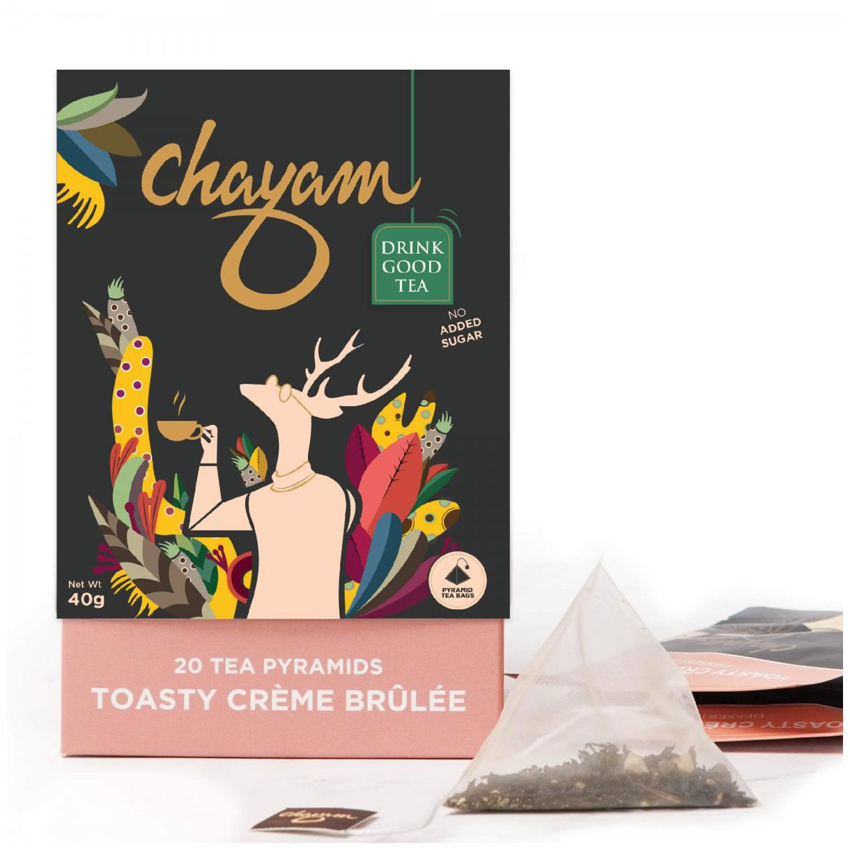 

CHAYAM Toasty Creme Brulee (Caramel) Black Tea with Hazelnut and Cocoa Nibs Pyramid Tea Bags( 20 x 2g)