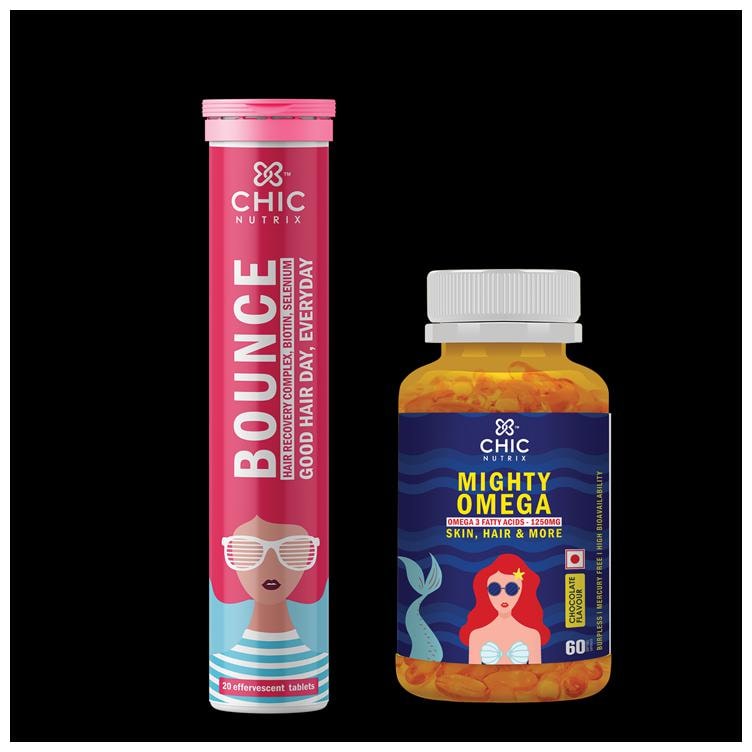 

Chicnutrix Bounce 20 Tablets Chicnutrix Mighty Omega 60 softegels Biotin Amino Acids and Omega 3 - Ideal Combination that helps make hair stronger voluminous with reduced hairfall(Pack of 2)