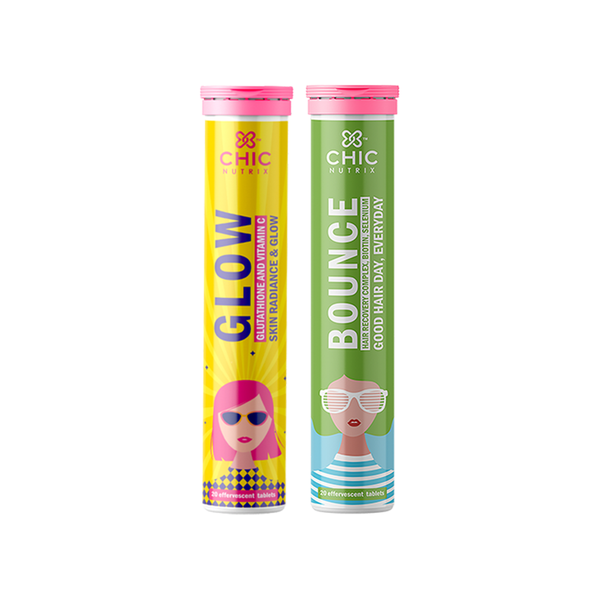 

Chicnutrix Glow Bounce (Green Apple Flavor) - Glutathione And Biotin Combo Pack For Glowing Skin And Shiny Hair -Effervescent(20 Tablets X 2) Pack Of 2