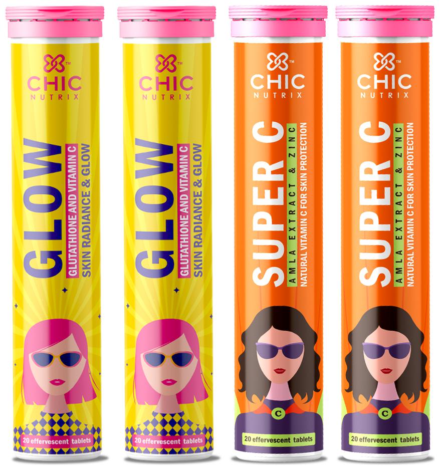 

Chicnutrix Glow 20 Tabletsx2 and Chicnutrix Super 20 Tabletsx2 C effervescent tablets each for Glowing and Clear Skin (Pack of 4)