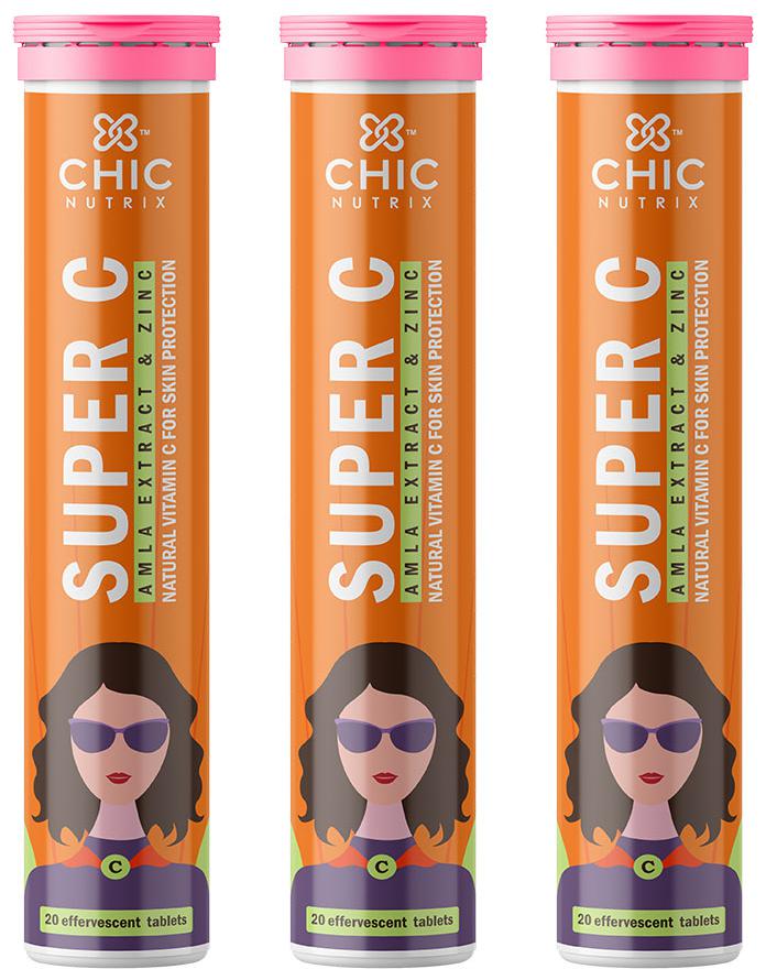 

Chicnutrix Super C - Effervescent Tablets Of Essential Natural Vitamin C For Clear Skin(20 Tablets X 3) Pack Of 3