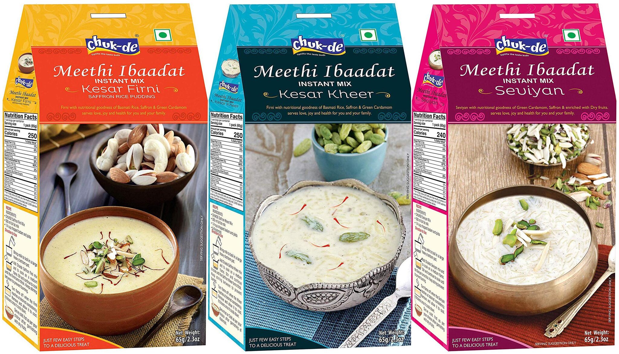 

Chuk-De Meethi Ibaadat Kesar Firni Phirni Kesar Kheer Seviyan Instant Mix 65g (Pack of 3)