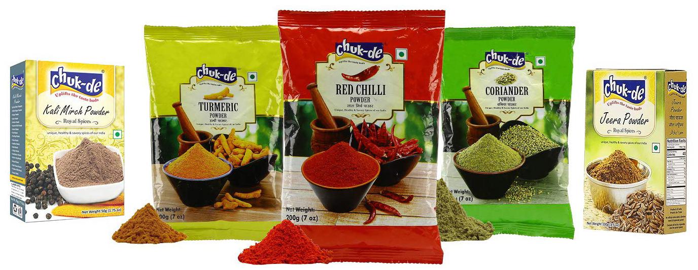 

Chukde Spices Dhania 200g Haldi (Turmaric) 200g Red Chilli Lal Mirch Powder Powder 200g Jeera Powder 100g and Kali Mirch Powder 50g (Pack of 5)
