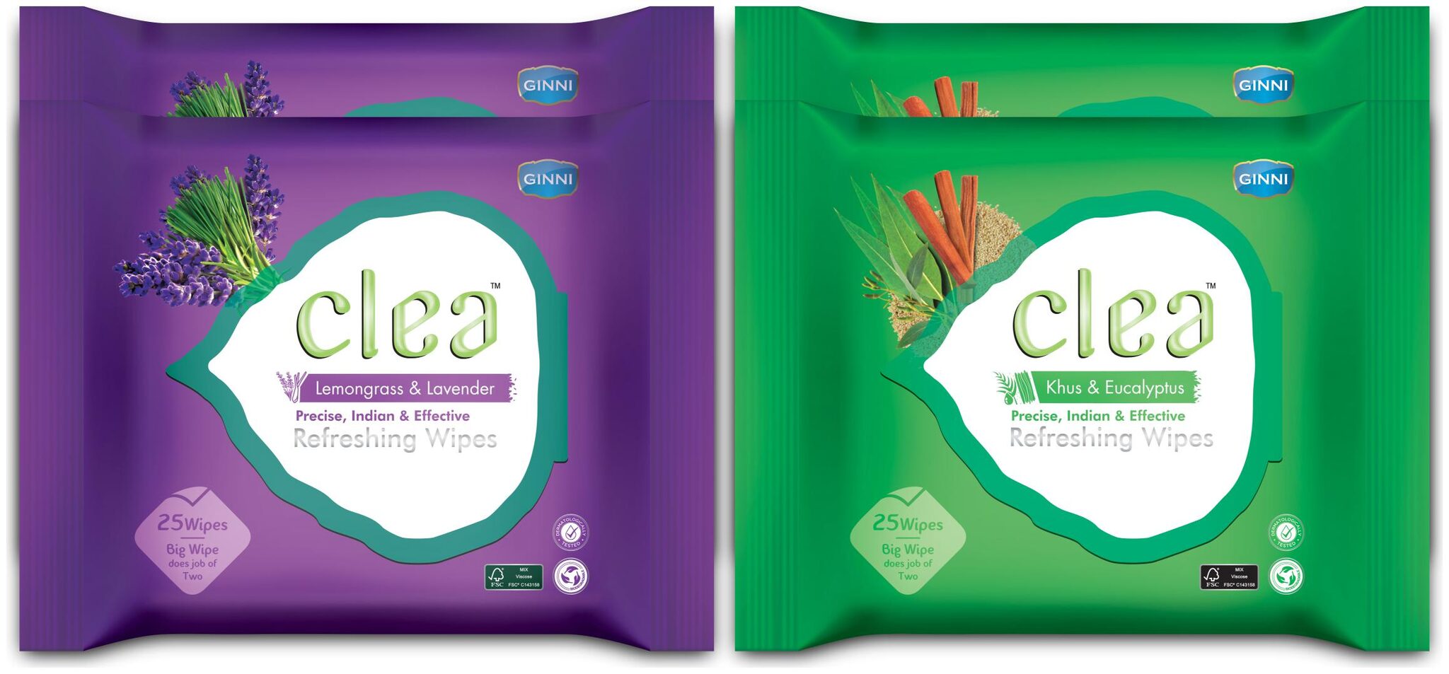 

CLEA Refreshing Wipes (Set Of 2 Khus Eucalyptus 25 pcs Each) (Set of 2 Lemongrass Lavender 25 pcs Each) Pack of 4
