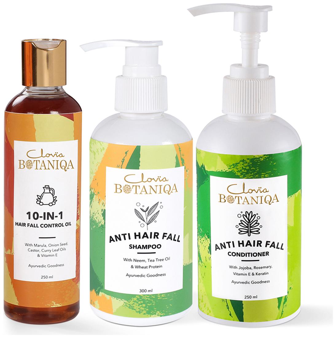 

Clovia Botaniqa 10-in-1 Hair Fall Control Oil Anti Hair Fall Shampoo Conditioner -(Shampoo -300-ml Conditioner -250m Hair Oil- 250mll) Pack of 3