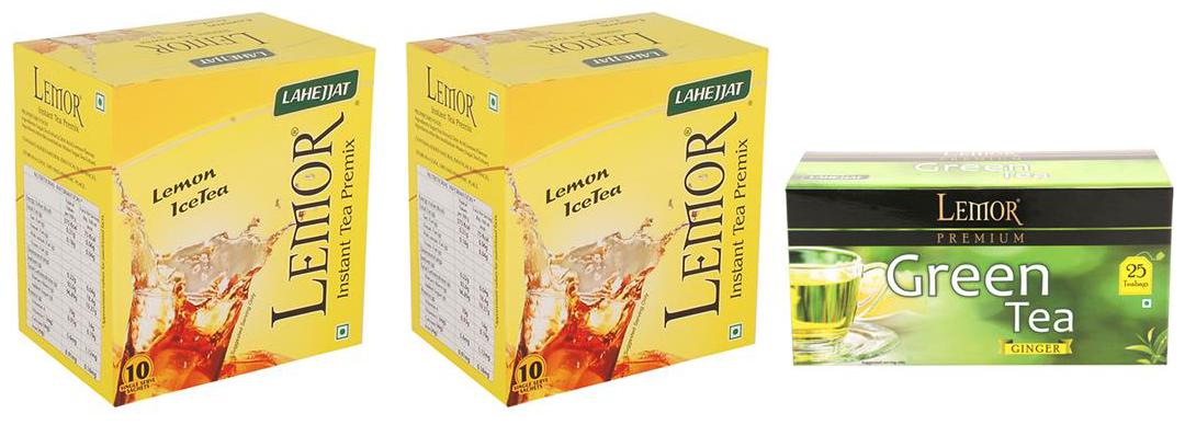 

Combo Pack of 2 Lemor Lemon flavoured Instant Ice Tea (10 sachet pack) and Ginger Green Tea 1 x 25 Tea Bag