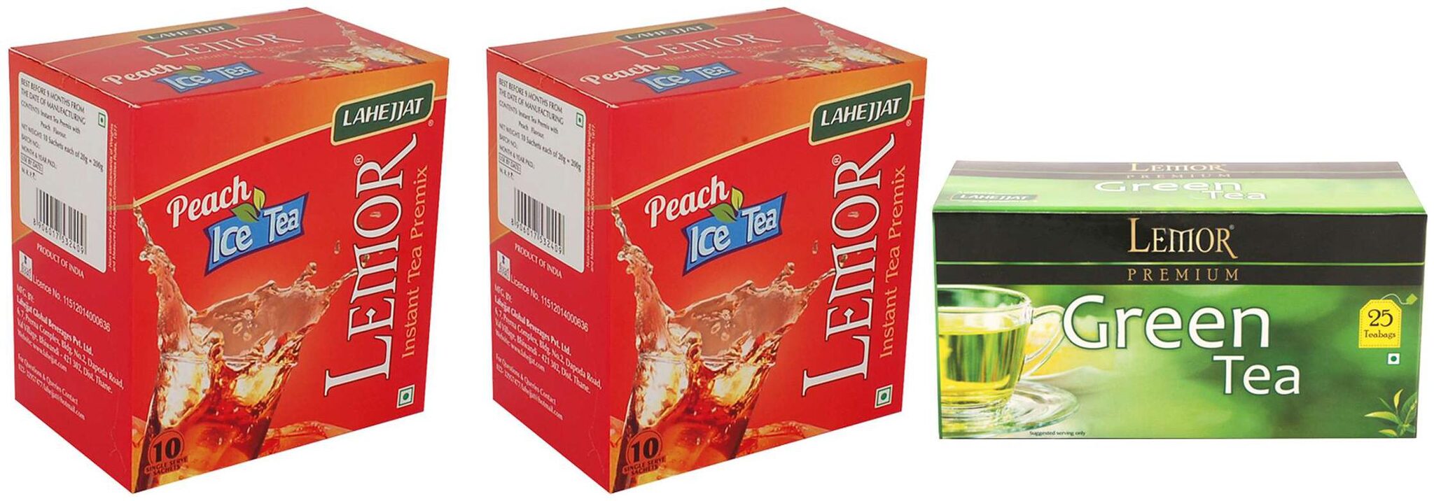 

Combo Pack of 2 Lemor Peach Ice Tea (10 sachet pack) and Pure Green Tea 1 x 25 Tea Bag