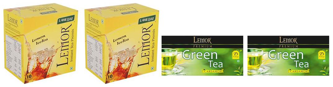 

Combo Pack of 2 Lemor Lemon flavoured Instant Ice Tea (10 sachet pack) and Cardamom Green Tea 2 x 25 Tea Bag