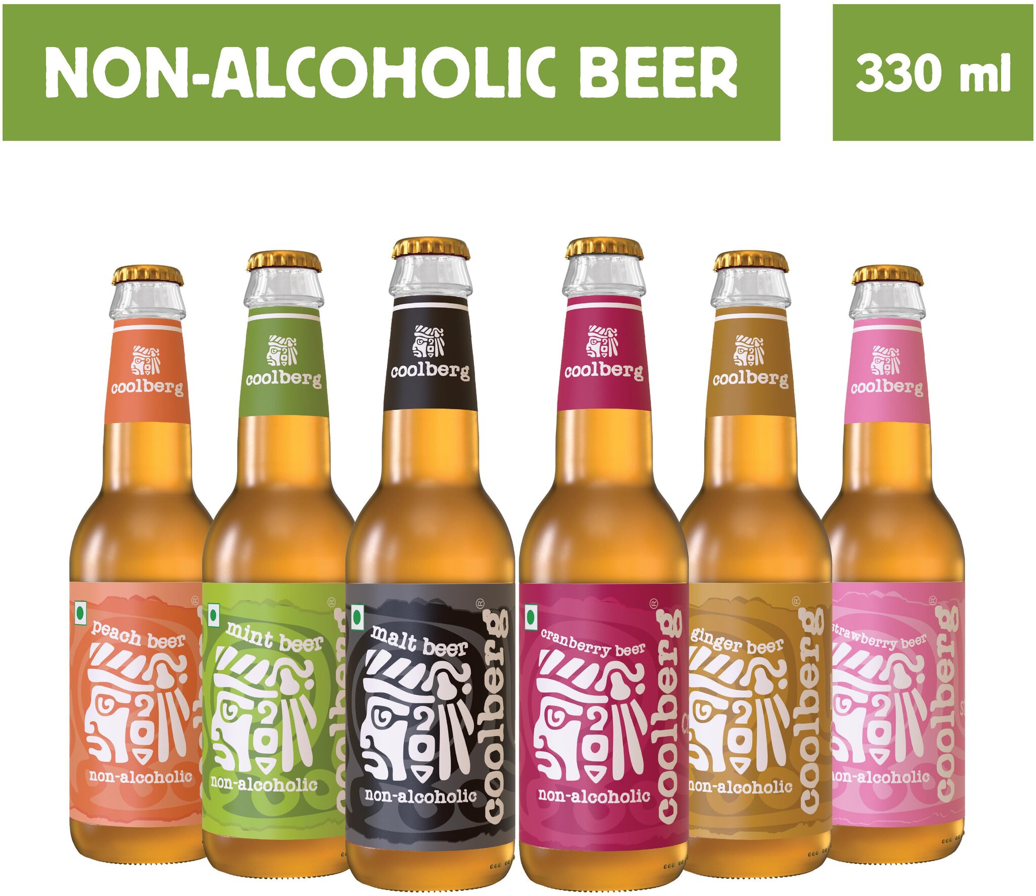 

Coolberg Non Alcoholic Beer Flavors - Peach-330ml Mint-330ml Malt-330ml Cranberry-330ml Ginger -300ml Strawberry-330ml Glass Bottle (Pack of 6 )