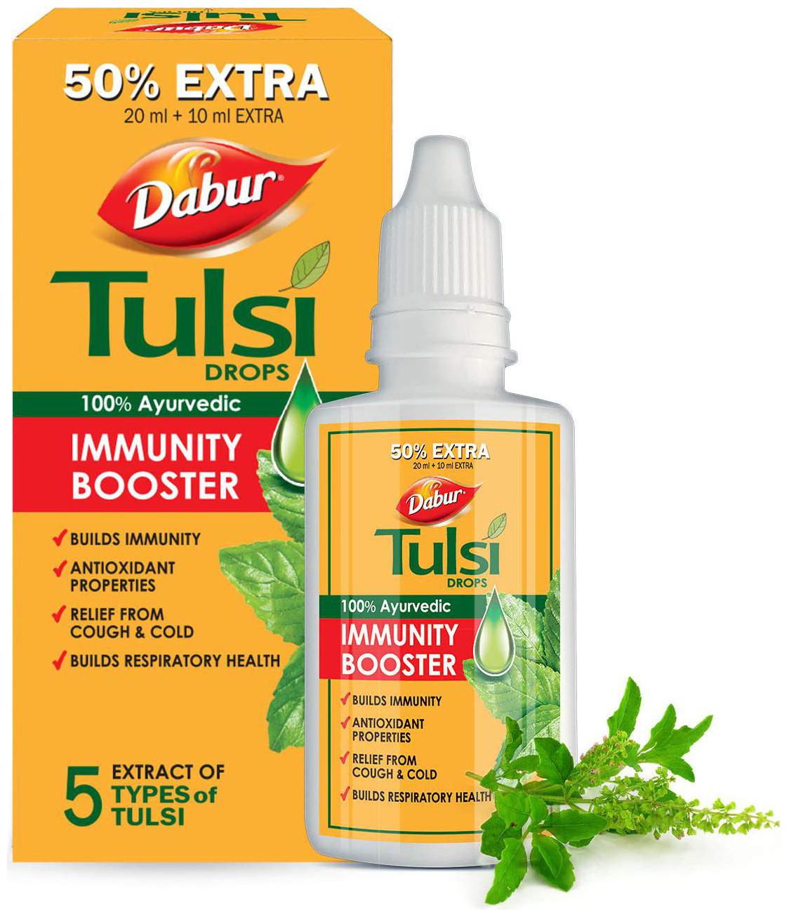 

Dabur Tulsi Drops- 50 Extra Concentrated Extract of 5 Rare Tulsi for Natural Immunity Boosting Cough and Cold Relief -30ml(Pack of 2)