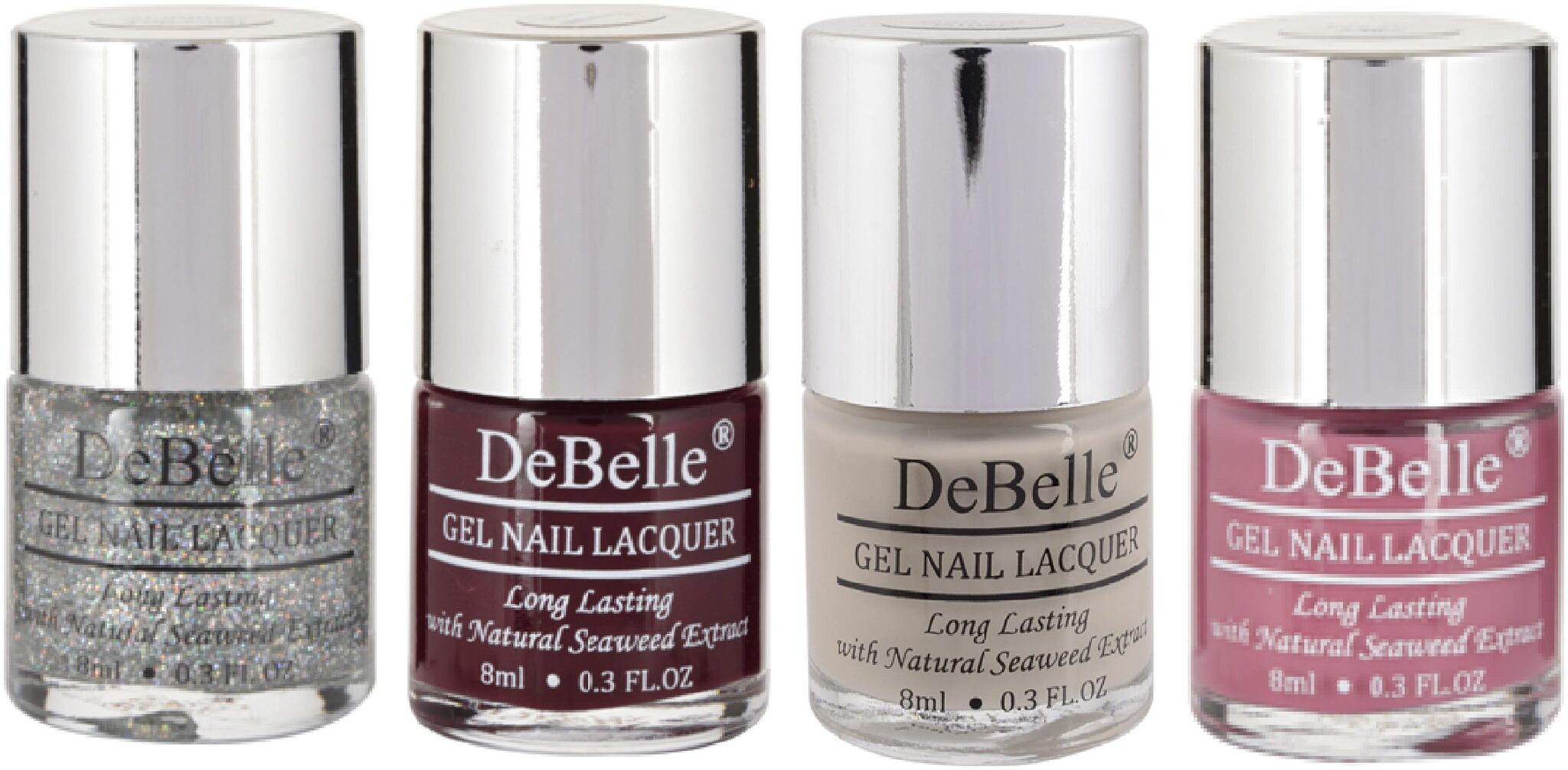 

DeBelle Gel Nail Polish Combo Pack of 4 Shimmer Top Coat Glamorous Garnet Natural Blush Laura Aura(32ml)