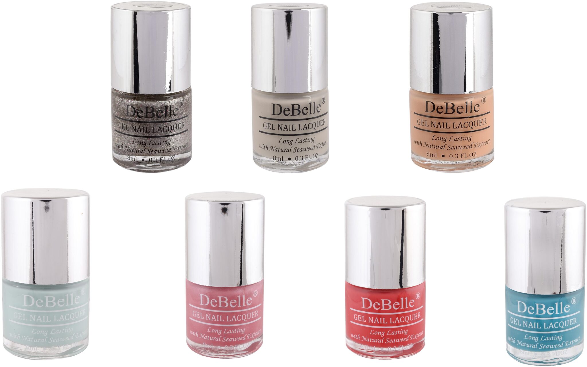 

DeBelle Nail Polish Combo Set of 7 (Glitter Nude Peach Mint Blue Pink Coral Orange Turquoise Blue) 56 ml (8 ml each)