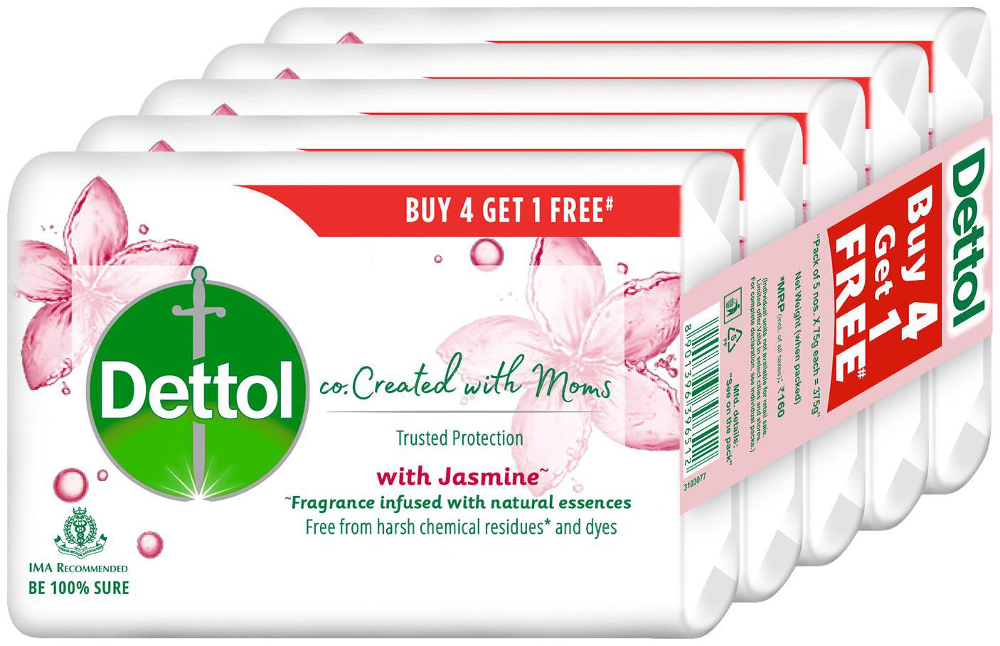 

Dettol Jasmine Beauty Bathing Soap Co-created with moms 75g Each (Buy 4 get 1 Free)