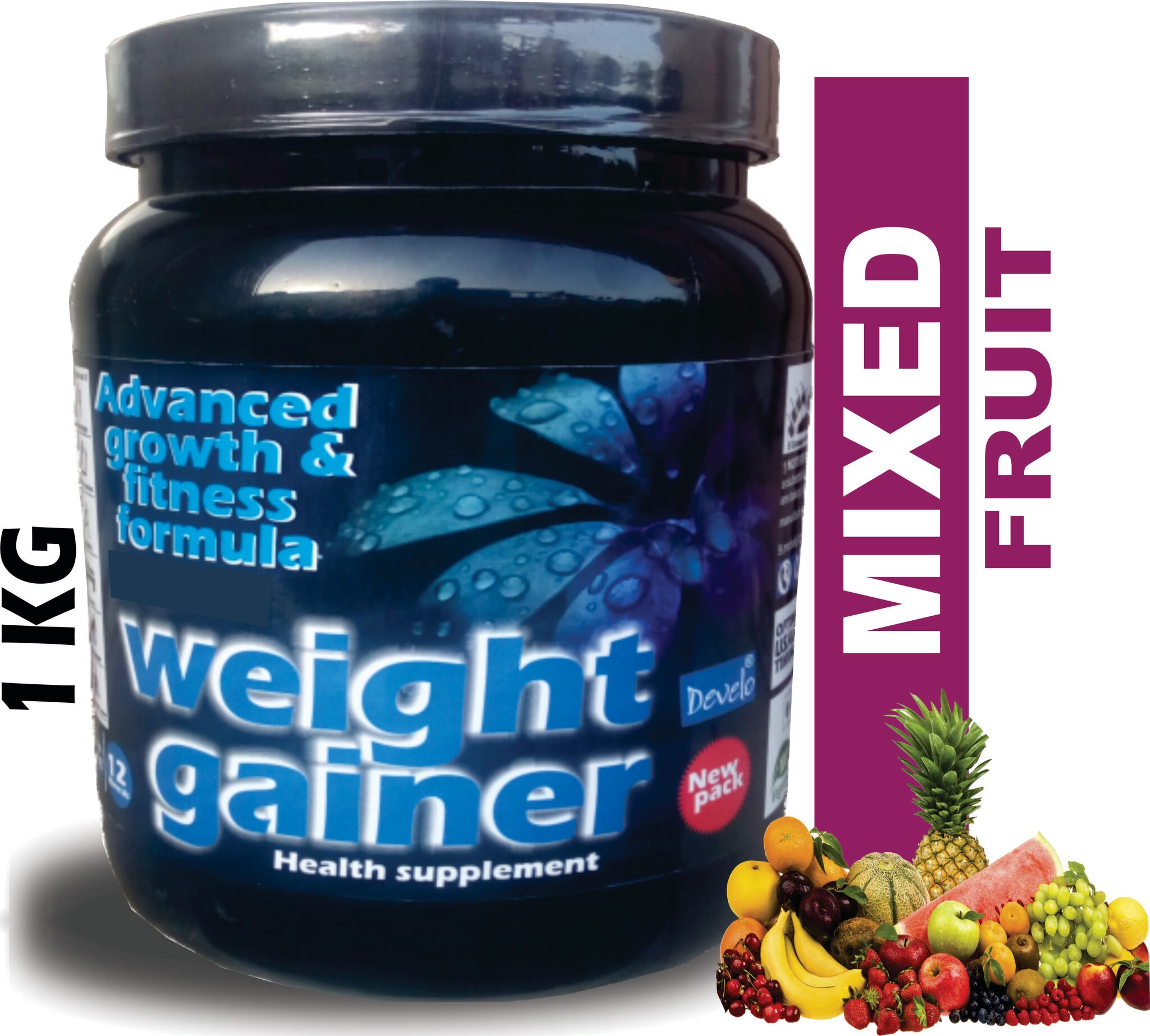 

Develo Weight Mass Gainer Whey Soy Protein Supplement Powder For Gym With Rapid Carbs Mixed Fruit 1 kg