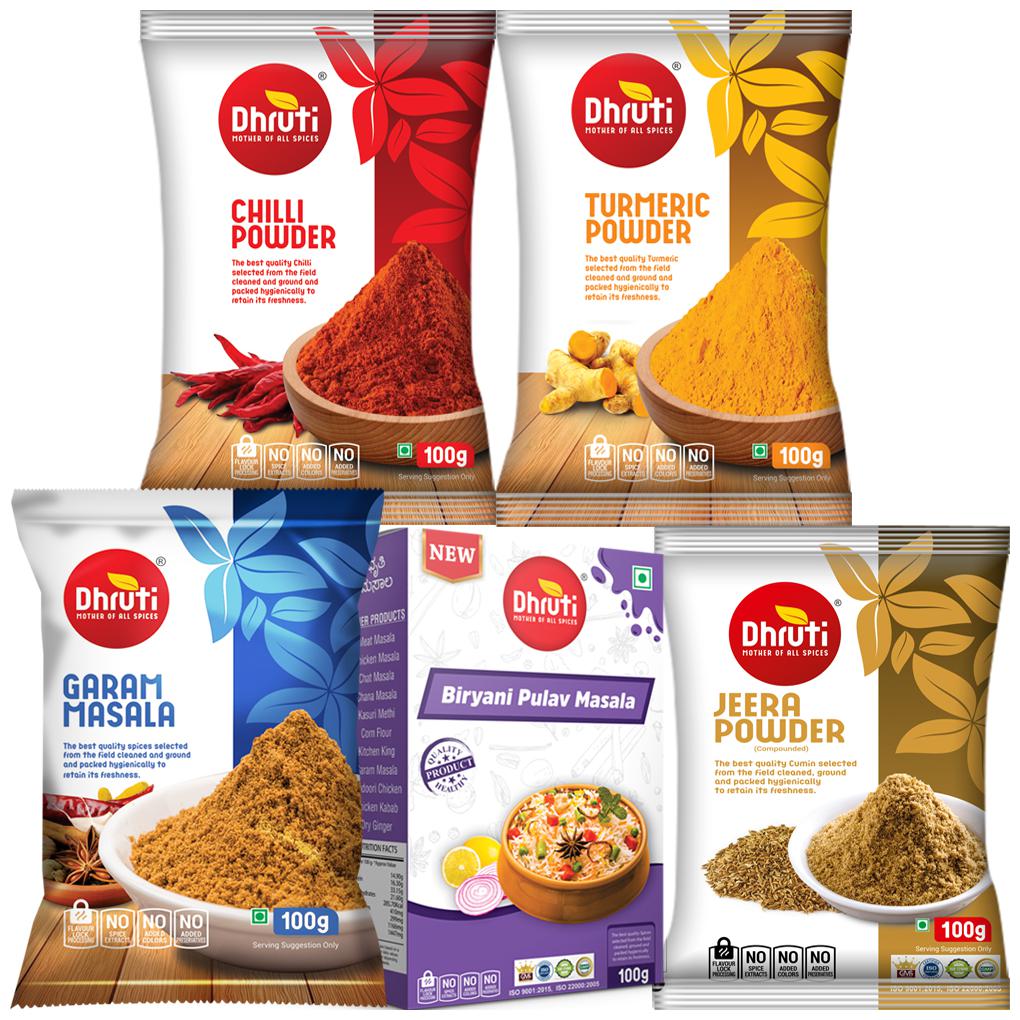 

DHRUTI Chilli Powder Turmeric Powder Garam Masala Biryani Pulav And Jeera Powder 100 g Each Pack of 5