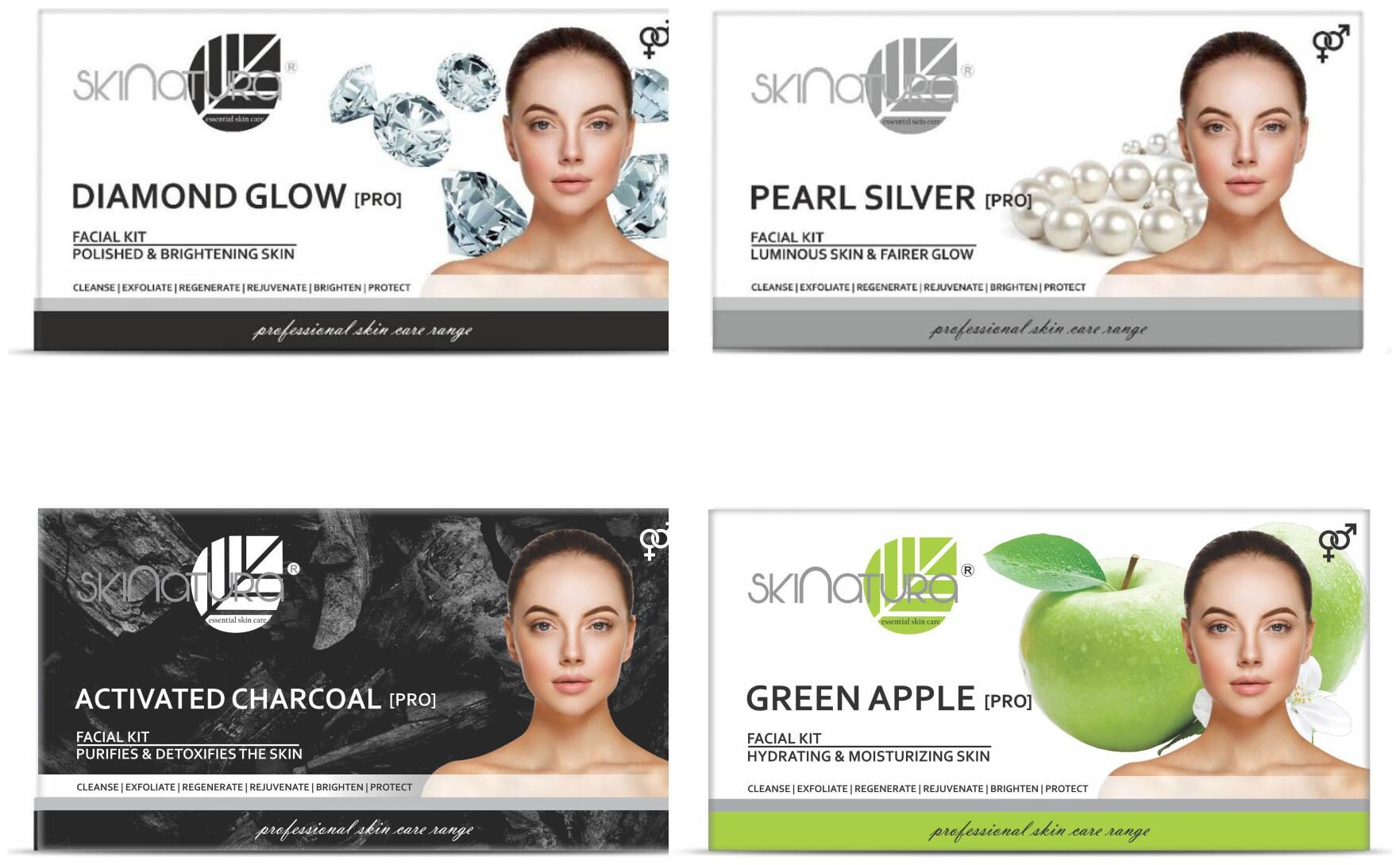 

Skinatura Diamond Glow 115g Pearl Silver 115g Activated Charcoal 115g Green Apple Facial Kits 115g (Pack of 4)