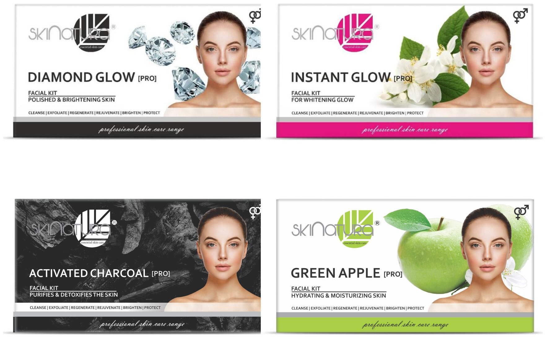

Skinatura Diamond Glow 115g Instant Glow 115g Activated Charcoal 115g Green Apple Facial Kits 115g (Pack of 4)