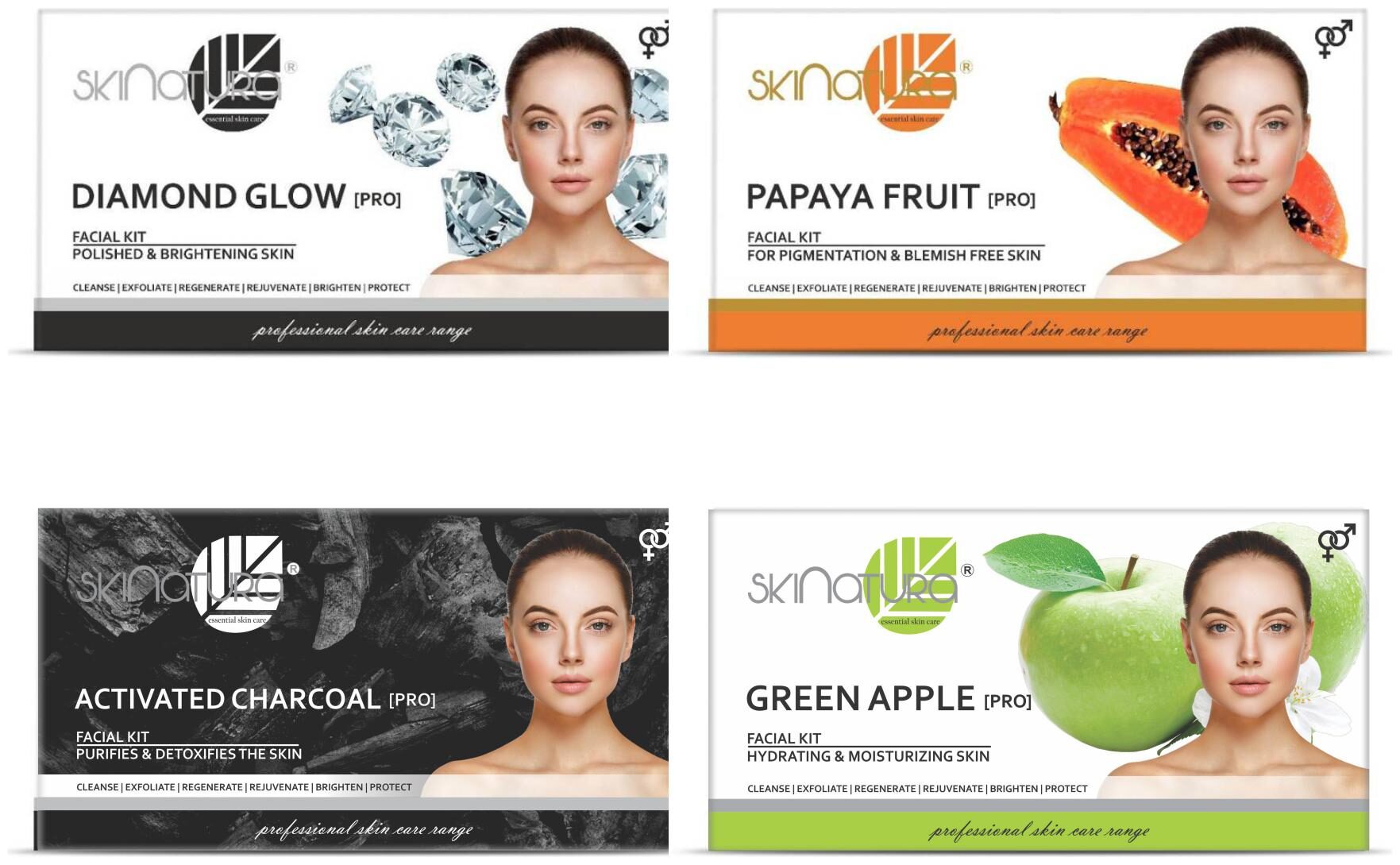 

Skinatura Diamond Glow 115g Papaya Fruit 115g Activated Charcoal 115g Green Apple Facial Kits 115g (Pack of 4)